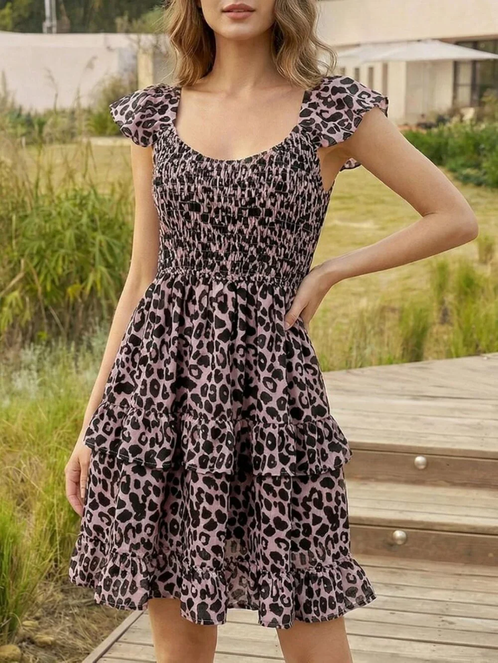Women's Summer Dress Boho Leopard Smocked Ruffle Sun Beach Mini Swing Dress - Picture 2 of 5